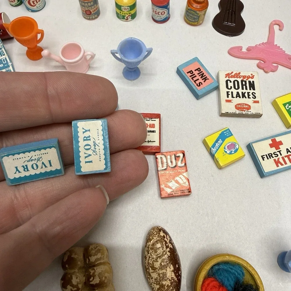 Vintage dollhouse lot miniature‎ kitchen food books his/her towels plates wallet